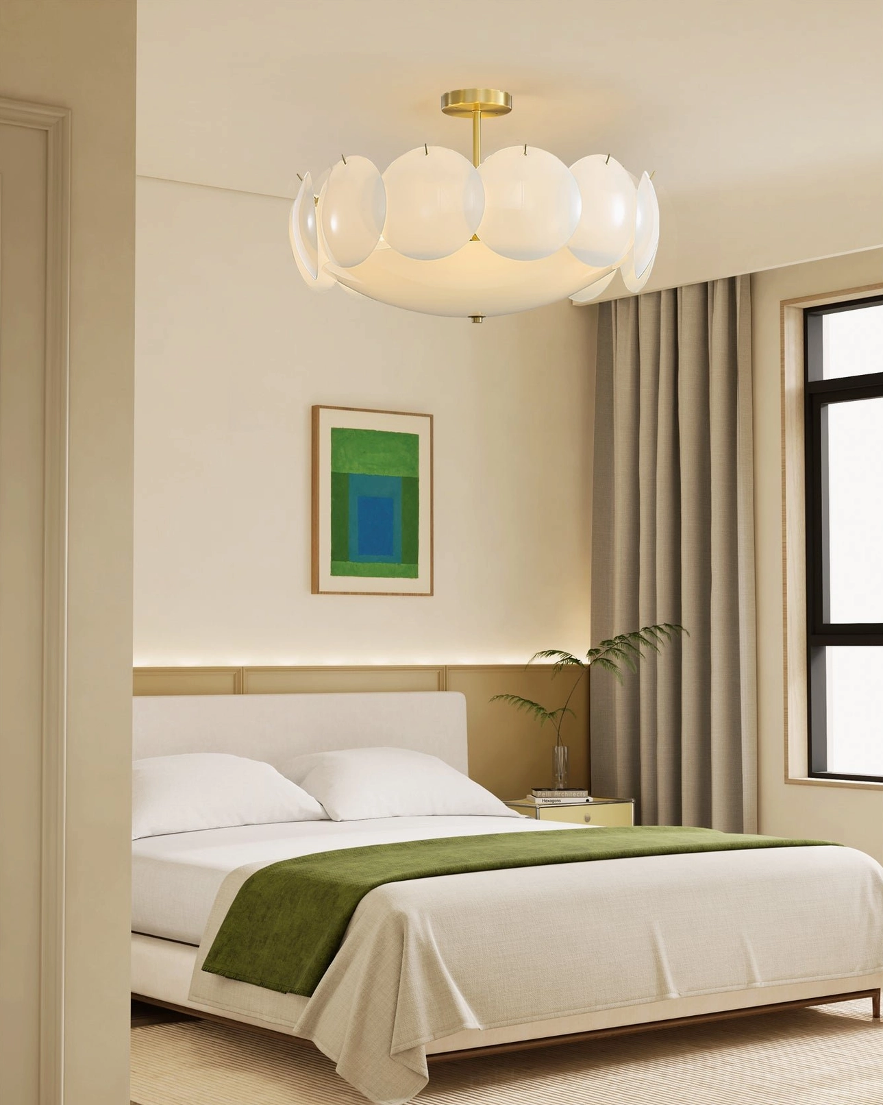 Prisma brass pendant ceiling lamp in modern master bedroom with warm nordic interior design