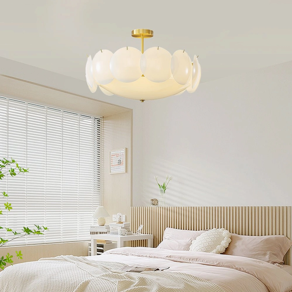 Prisma modern ceiling lamp installed in contemporary bedroom, warm ambient lighting with window blinds