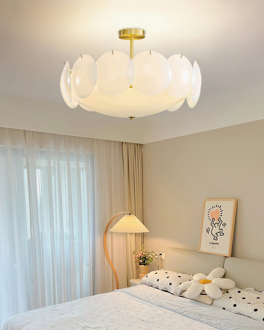 Prisma glass ceiling lamp in cozy bedroom with sheer curtains and minimalist warm home decor