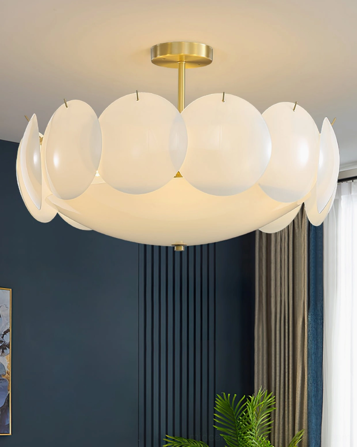 Prisma glass ceiling lamp with brass accents, modern mid-century light fixture interior design