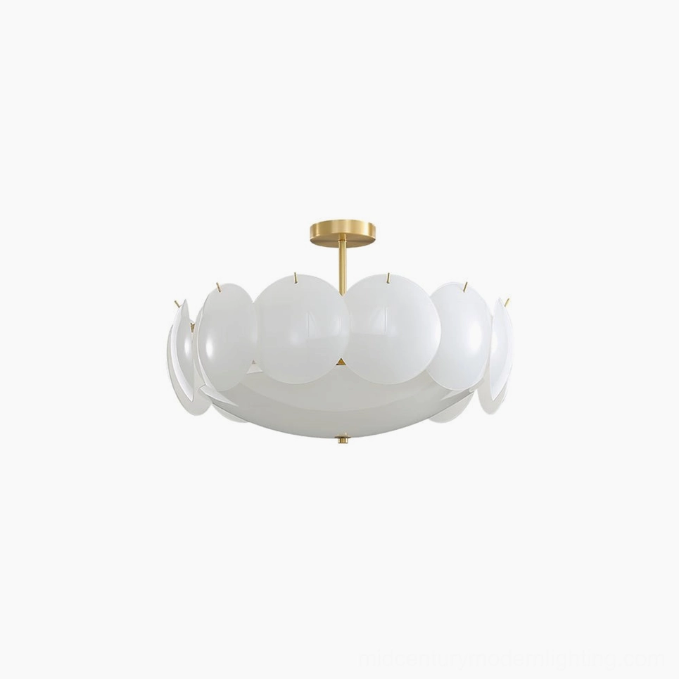 Prisma ceiling pendant lamp in modern home interior, warm brass and white glass fixture