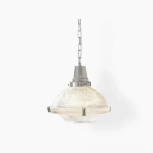 Prismatic pendant light with ribbed glass shade and chrome hardware - front studio view