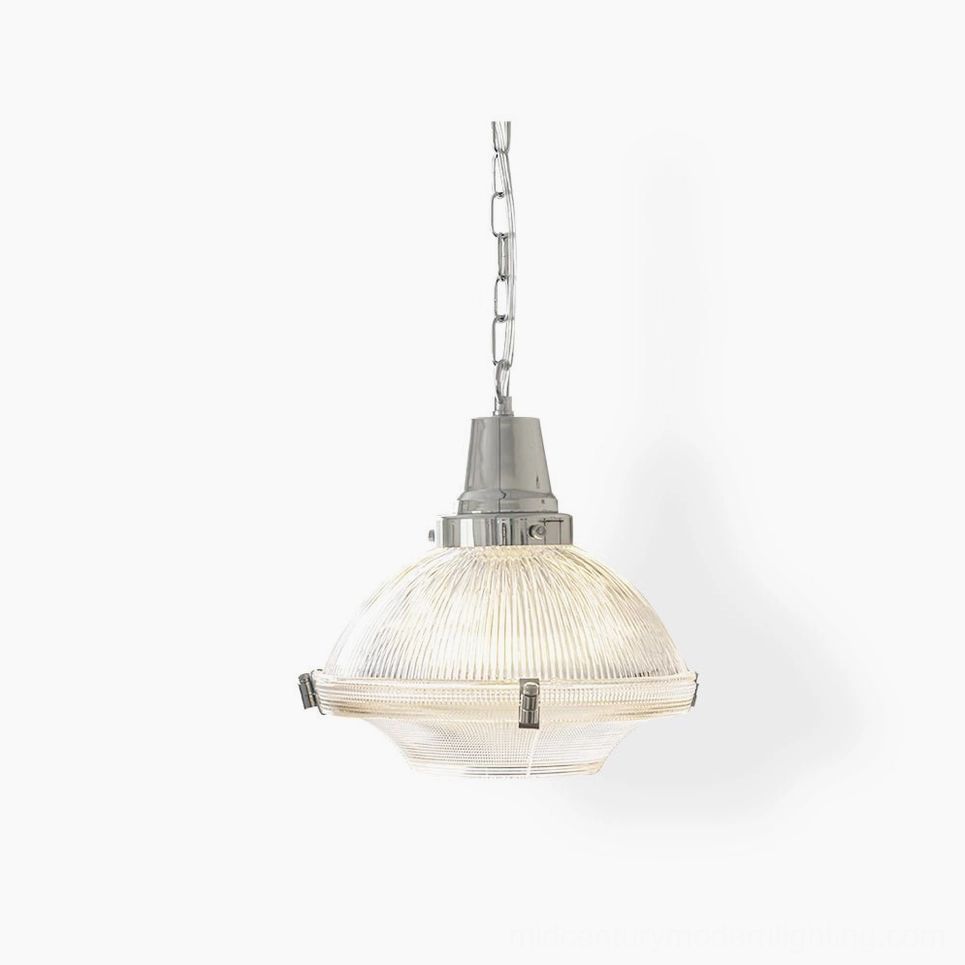 Prismatic pendant light with ribbed glass shade and chrome hardware - front studio view