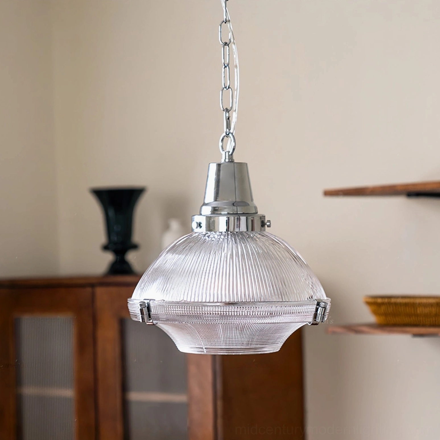 Mid-century modern ribbed glass pendant light displayed in vintage wooden cabinet interior setting