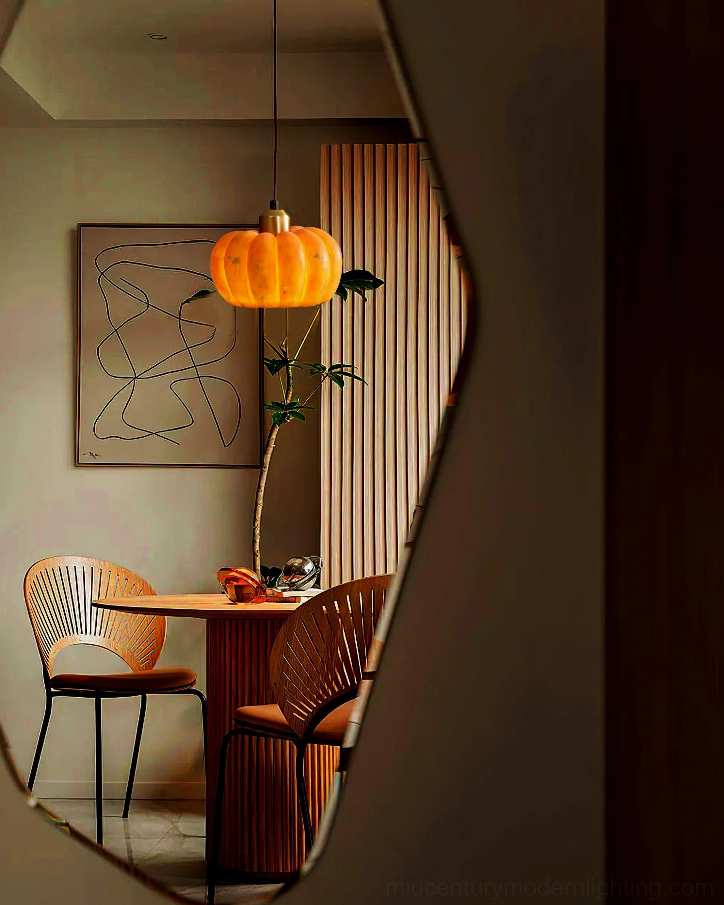 Pumpkin pendant lamp hanging installation showing cord and ceiling mount hardware