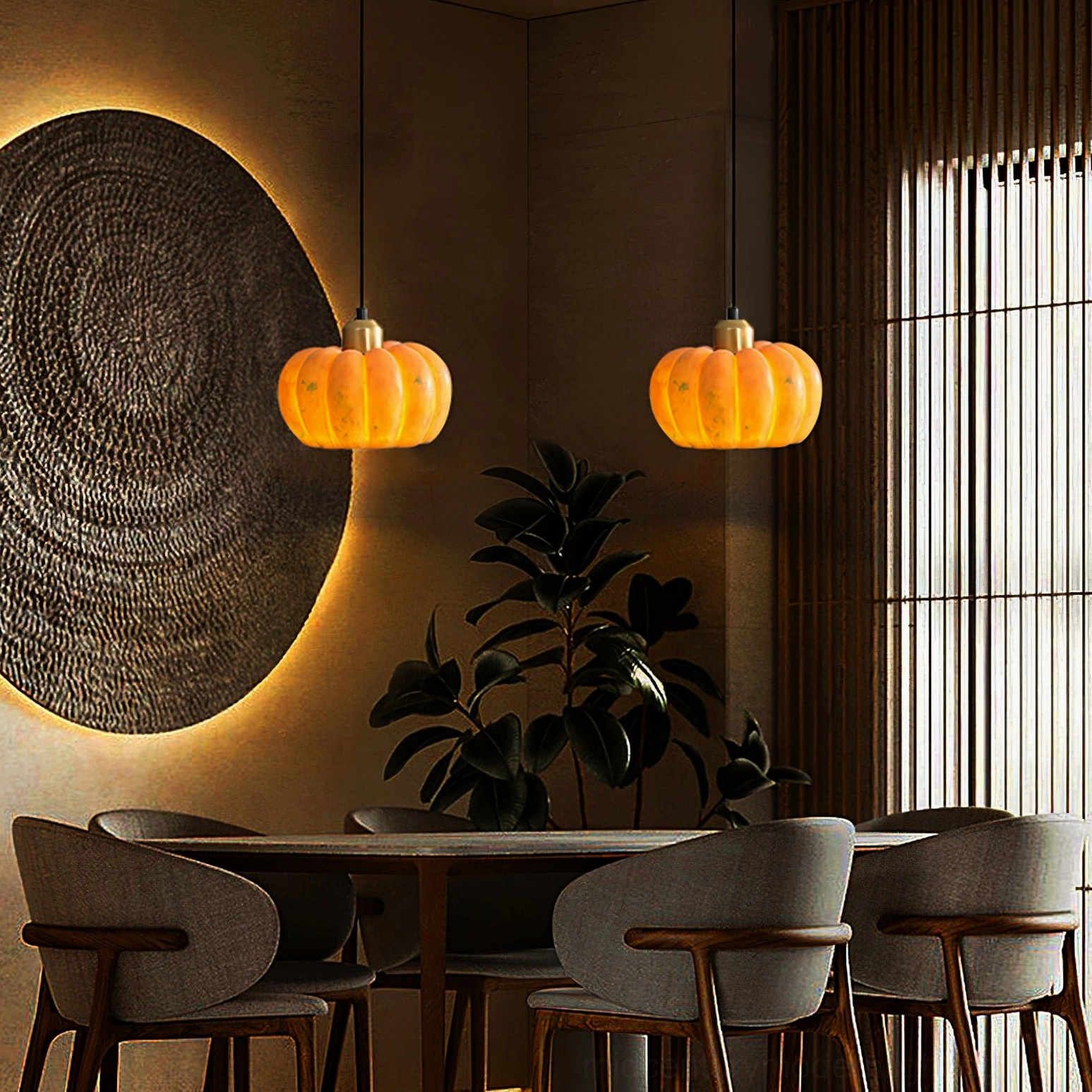 Close-up detail of pumpkin pendant lamp showing ribbed texture, brass top hardware, and warm amber shade