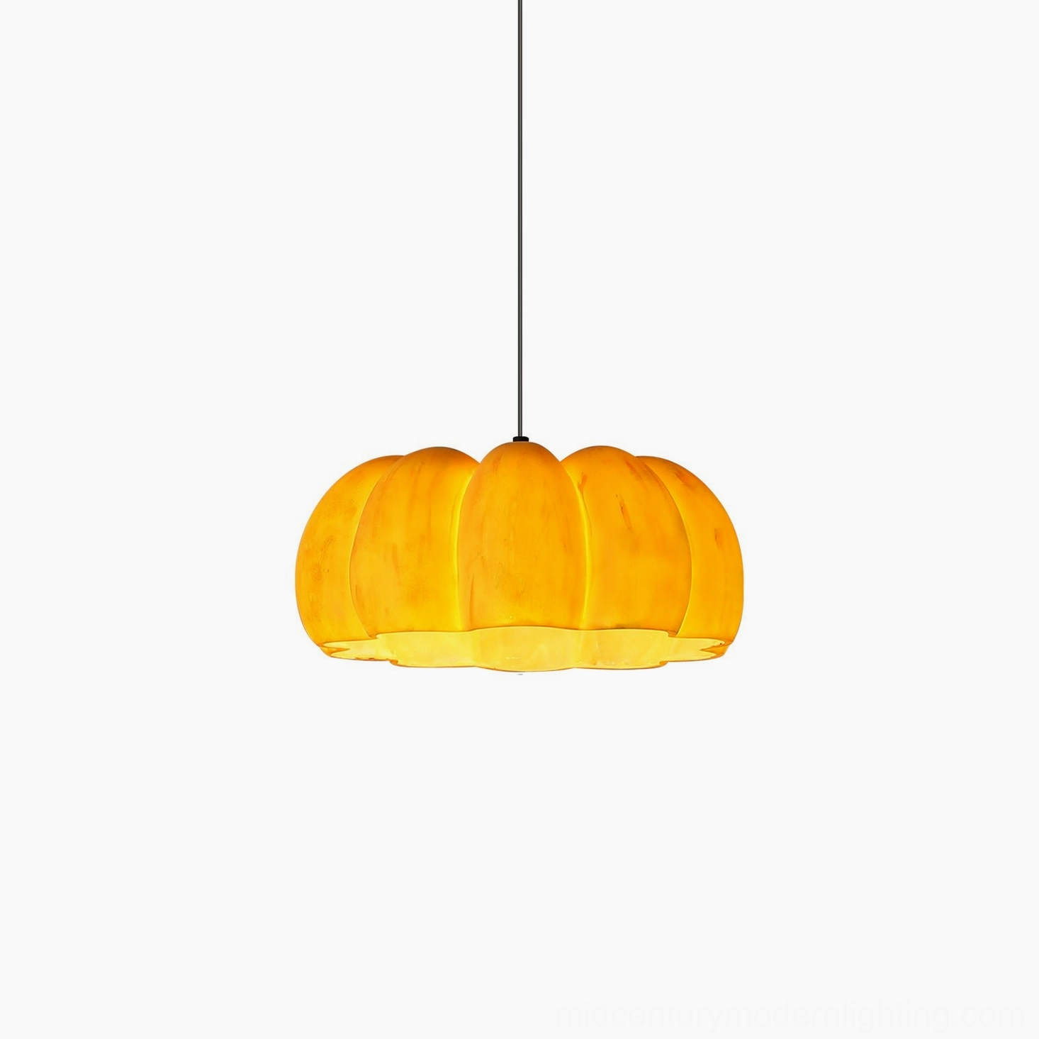 Pumpkin pendant lamp front display view with warm amber ribbed glass and metal hardware