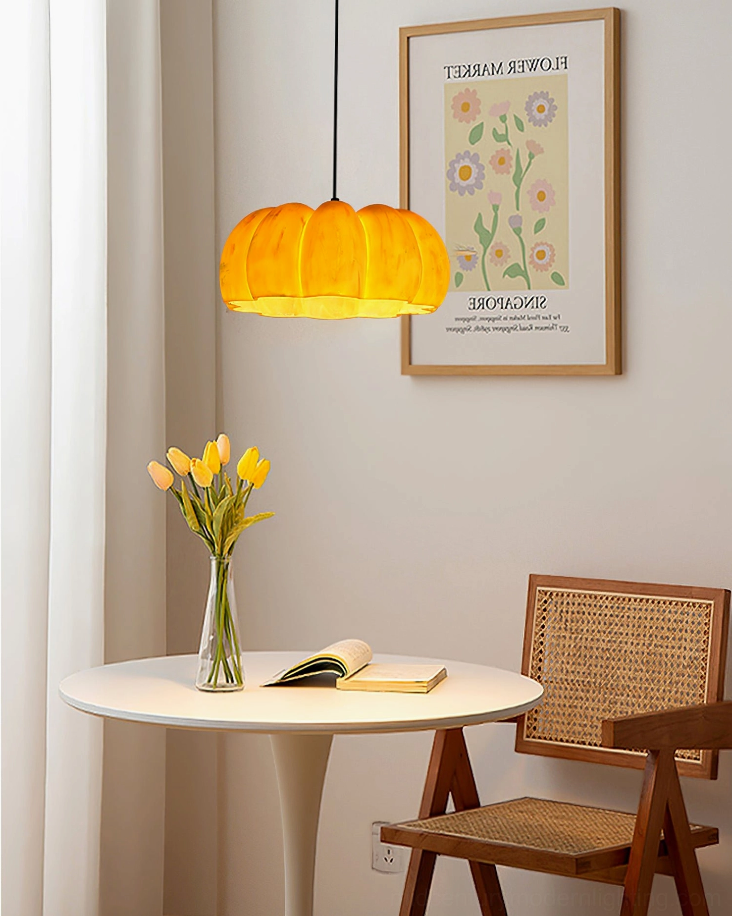 Pumpkin pendant lamp installation guide showing cord length and ceiling mount hardware assembly