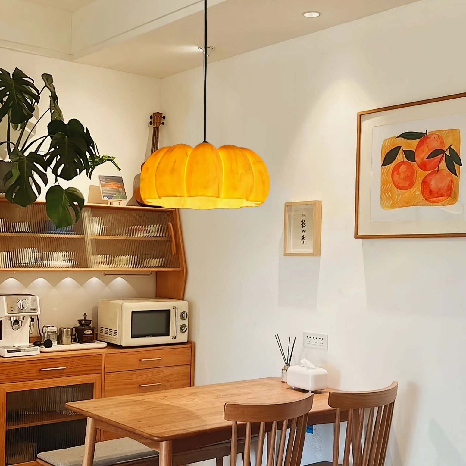 Pumpkin pendant lamp organic biomorphic design complementing mid-century modern interior