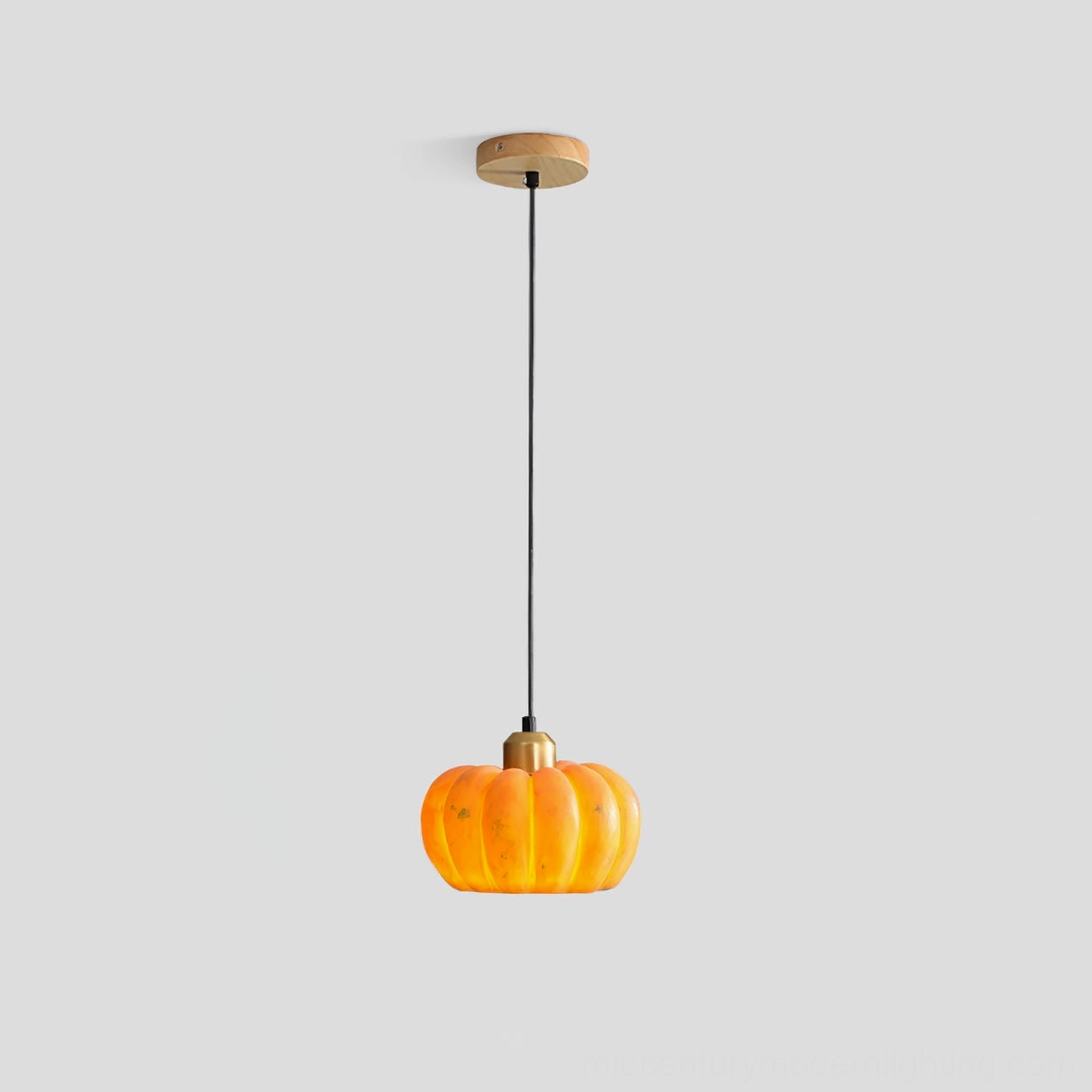 Pumpkin pendant lamp small size warm orange shade and brass hardware on neutral background