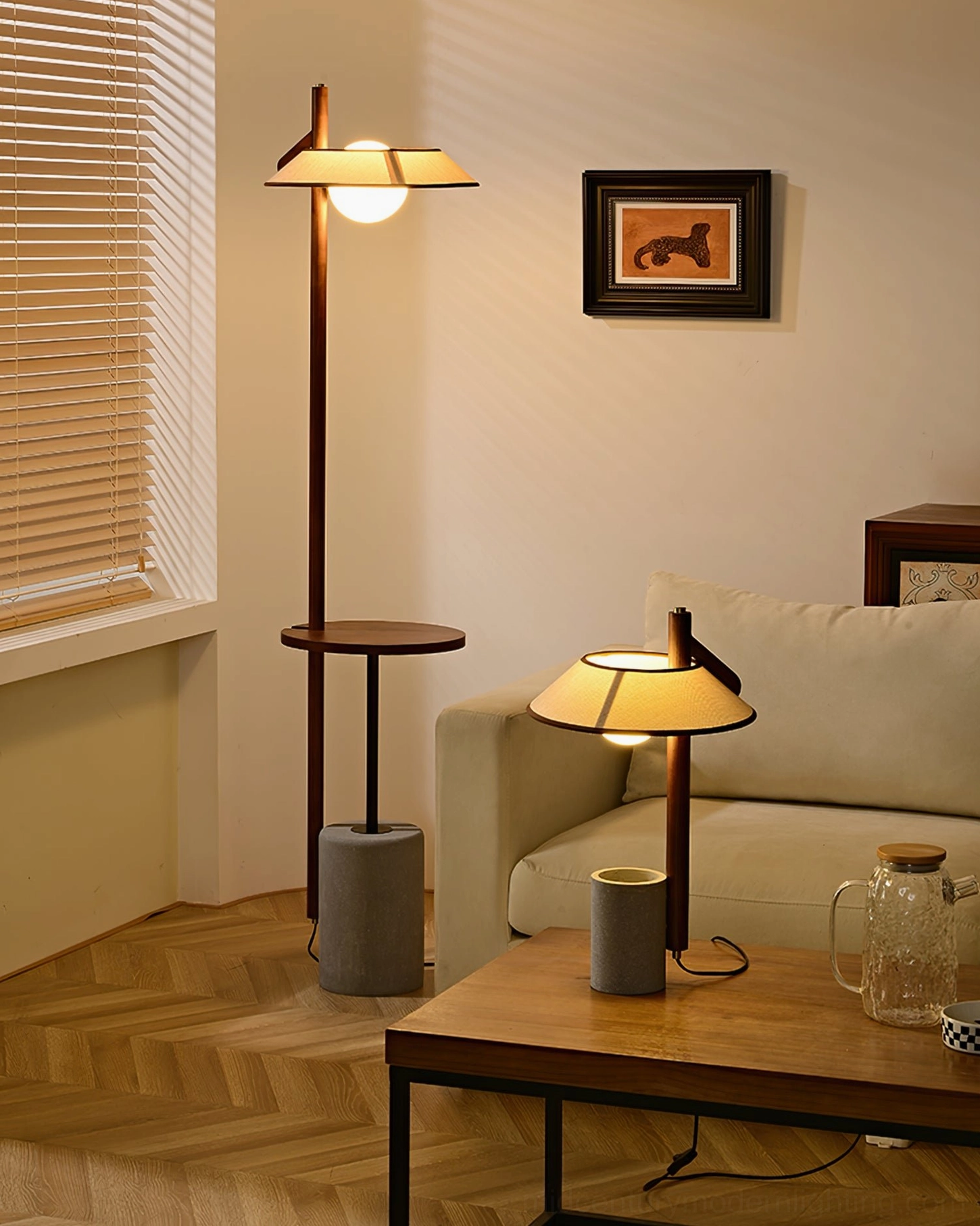 Puro floor lamp in home office setting with contemporary desk and minimalist workspace
