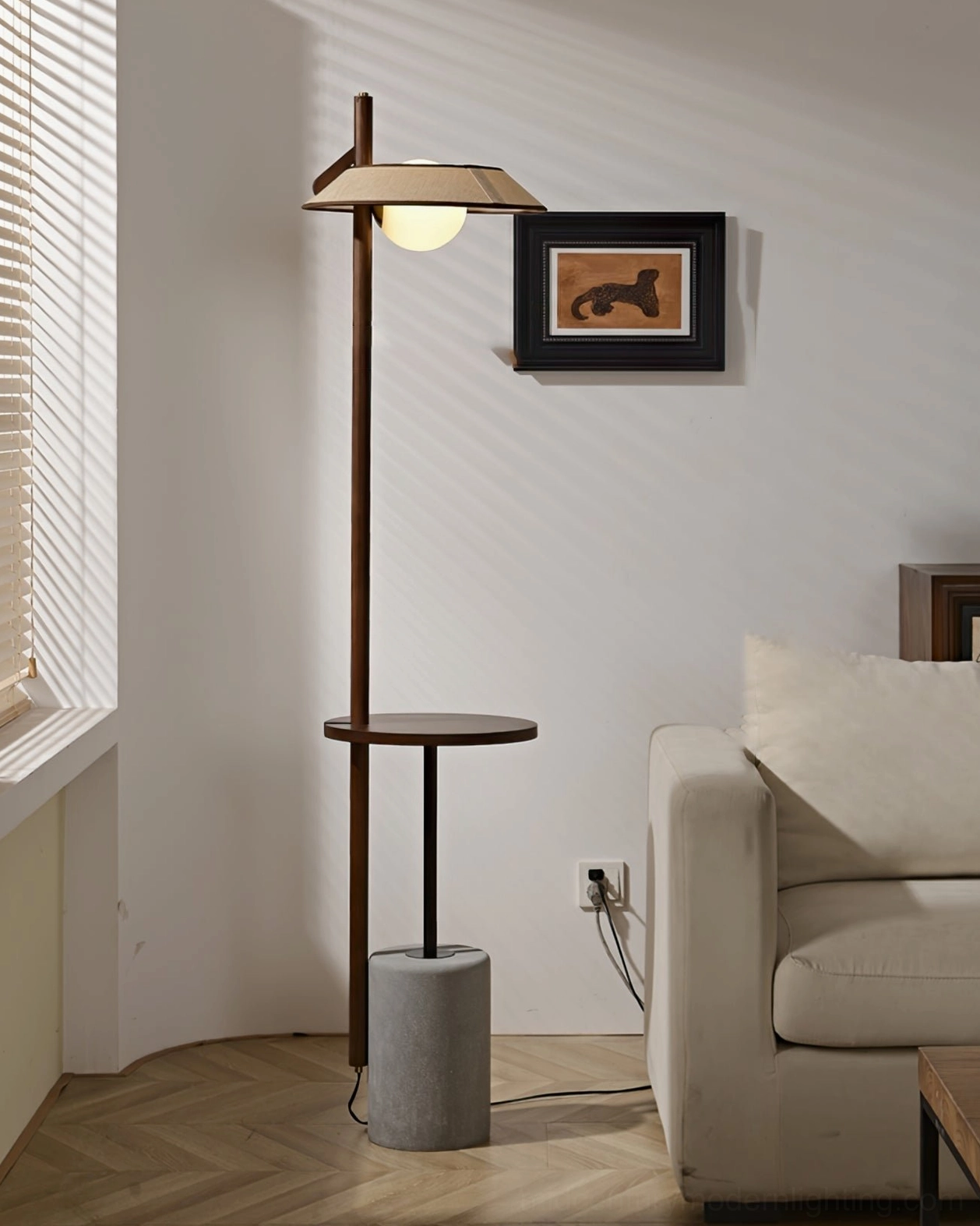 Puro floor lamp in neutral interior with fabric sofa, blinds, and wall art decoration