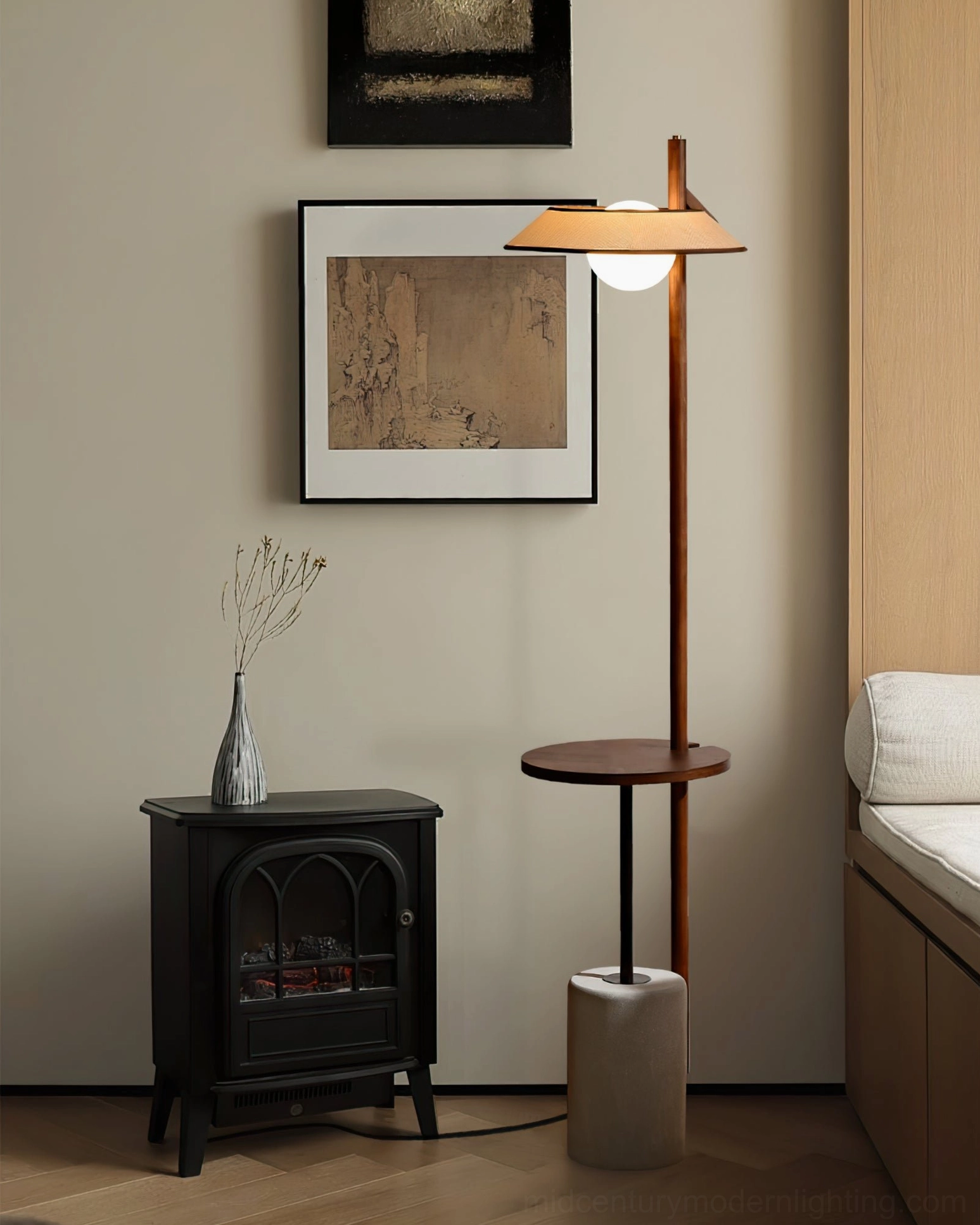 Puro floor lamp fabric shade and walnut table in scandinavian interior design setting