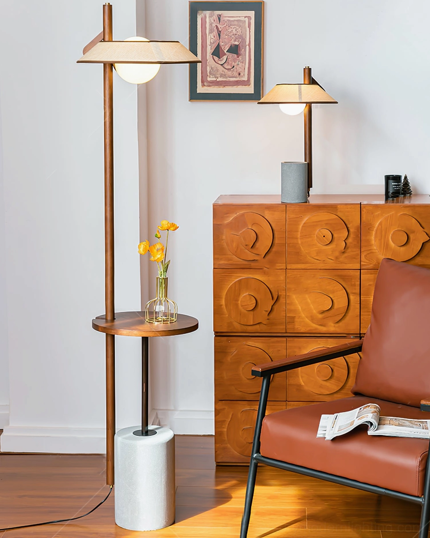 Puro mid-century modern floor lamp in vintage-inspired living room with carved wooden cabinet