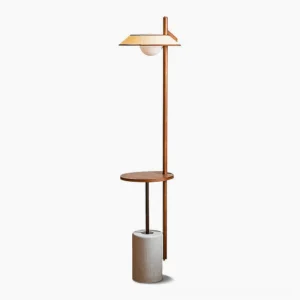 Puro mid-century modern floor lamp with walnut side table and grey cement base, studio view