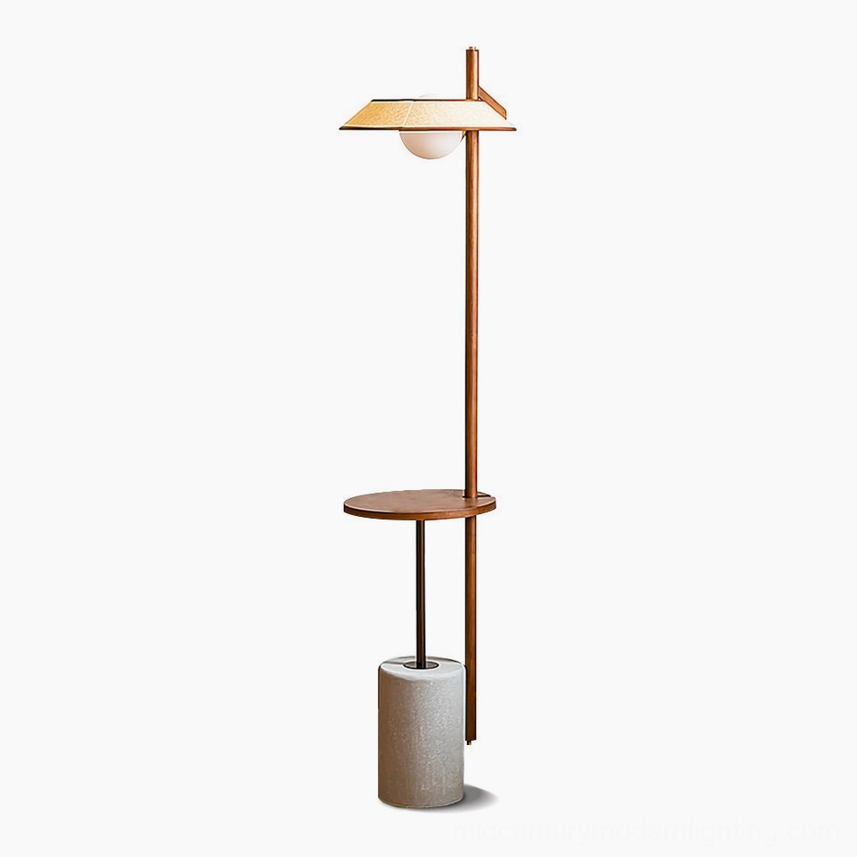 Puro mid-century modern floor lamp with walnut side table and grey cement base, studio view