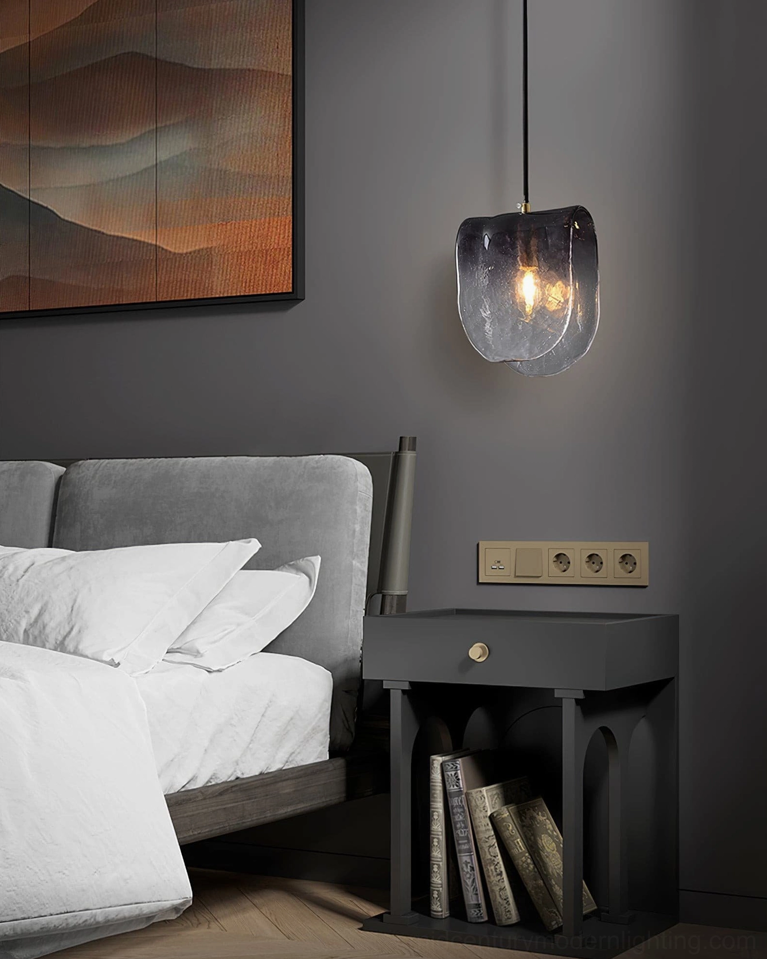 Purple gradient pendant light shown in eclectic interior with warm lighting ambiance