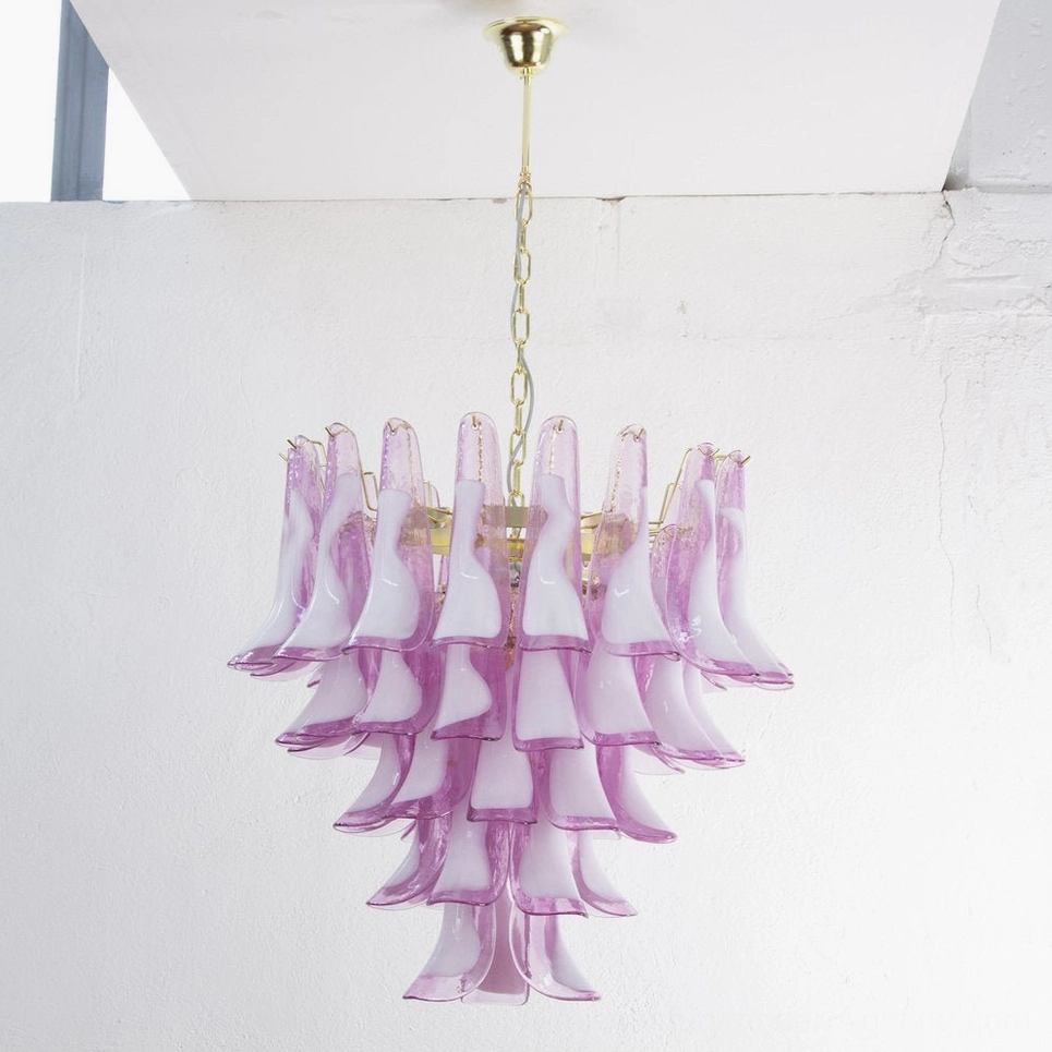 Purple Petal Rain Chandelier cascading glass petals with gold chain, tiered design studio