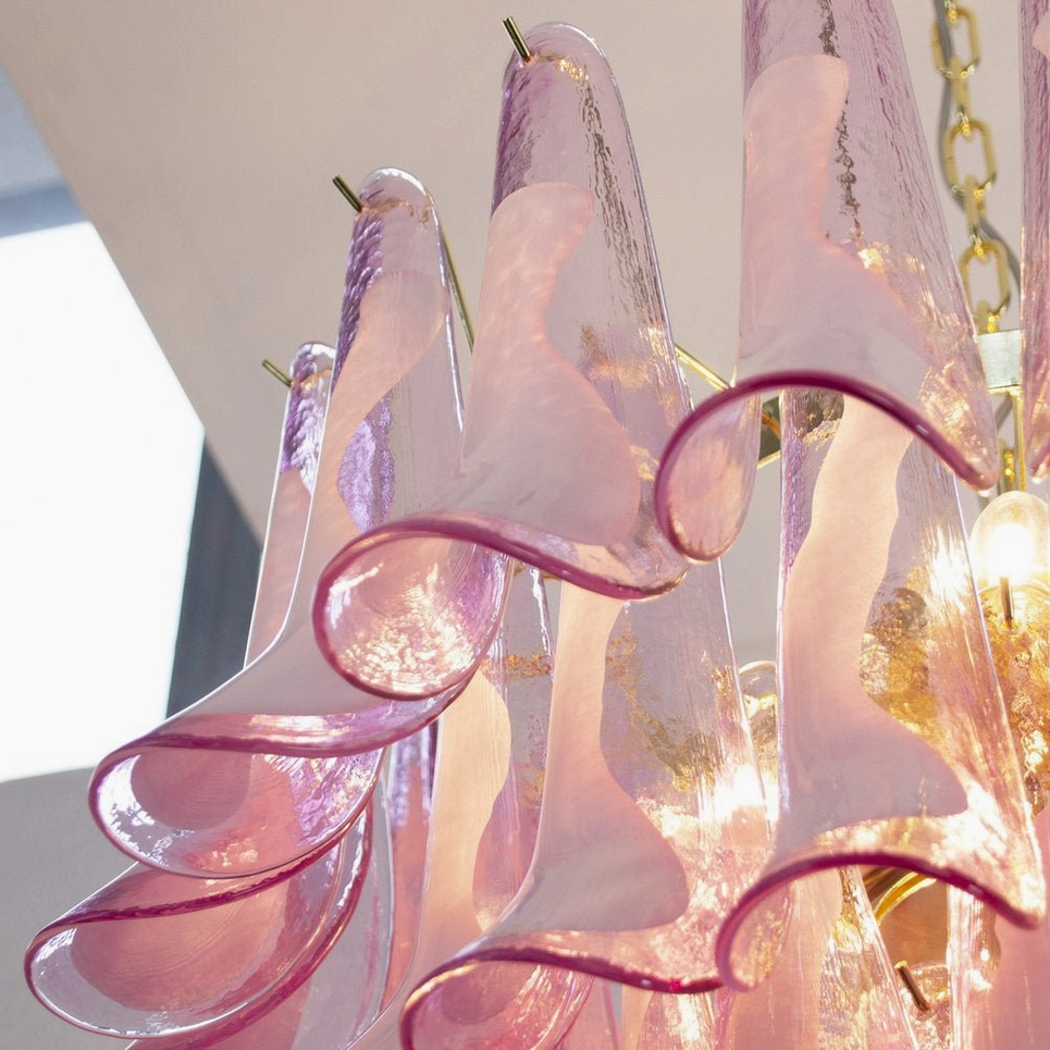 Purple-Pink Petal Rain Chandelier side close-up, curved glass petals with gradient, glowing