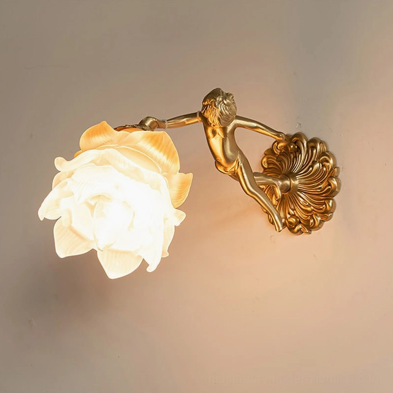 Putti cherub brass wall sconce dimensional view showing width 11.8 inches and height 6.7 inches compact size, ideal for bedroom and traditional interior styling