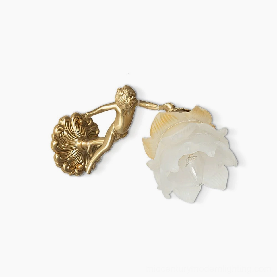 Putti cherub brass wall sconce with frosted white floral glass shade, featuring twin cherub figures on ornate brass shell backplate in studio lighting