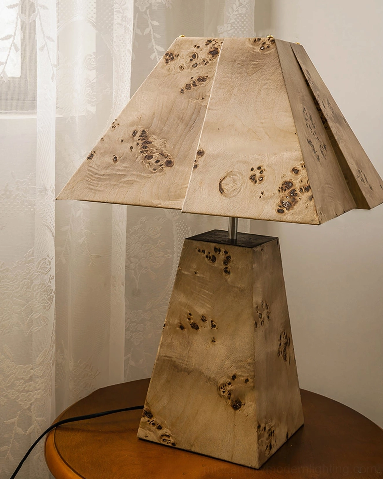 Pyramid wood table lamp with tapered base and matching shade, mid-century modern lighting fixture profile