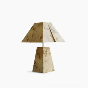 Pyramid wood table lamp with geometric tapered base and matching shade on white background, natural khaki finish with visible wood grain