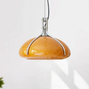 Mid-century modern Quadrifoglio pendant lighting overhead view showing polished chrome suspension