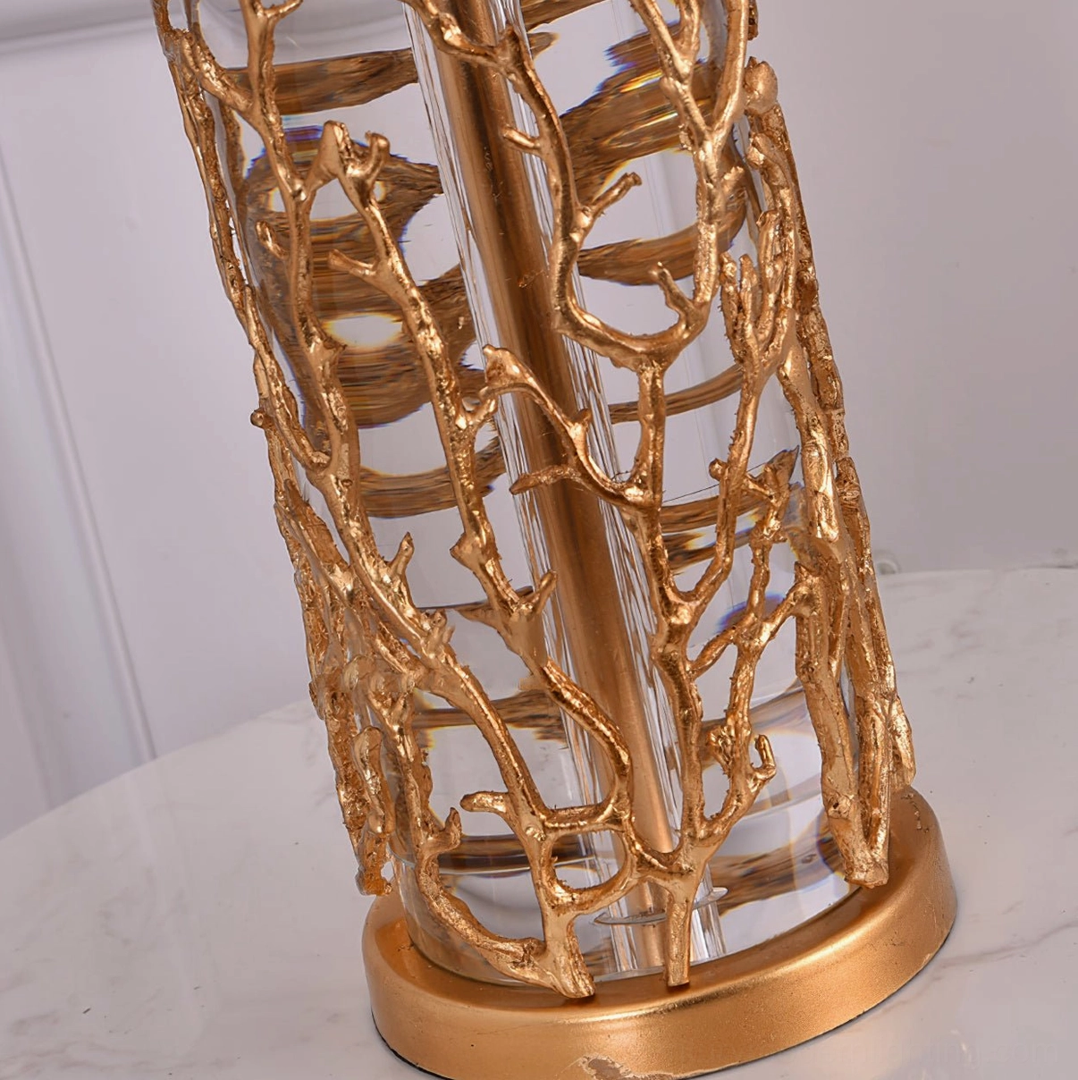Quatrefoil crystal table lamp detailed base carving brass metal glass craftsmanship close-up