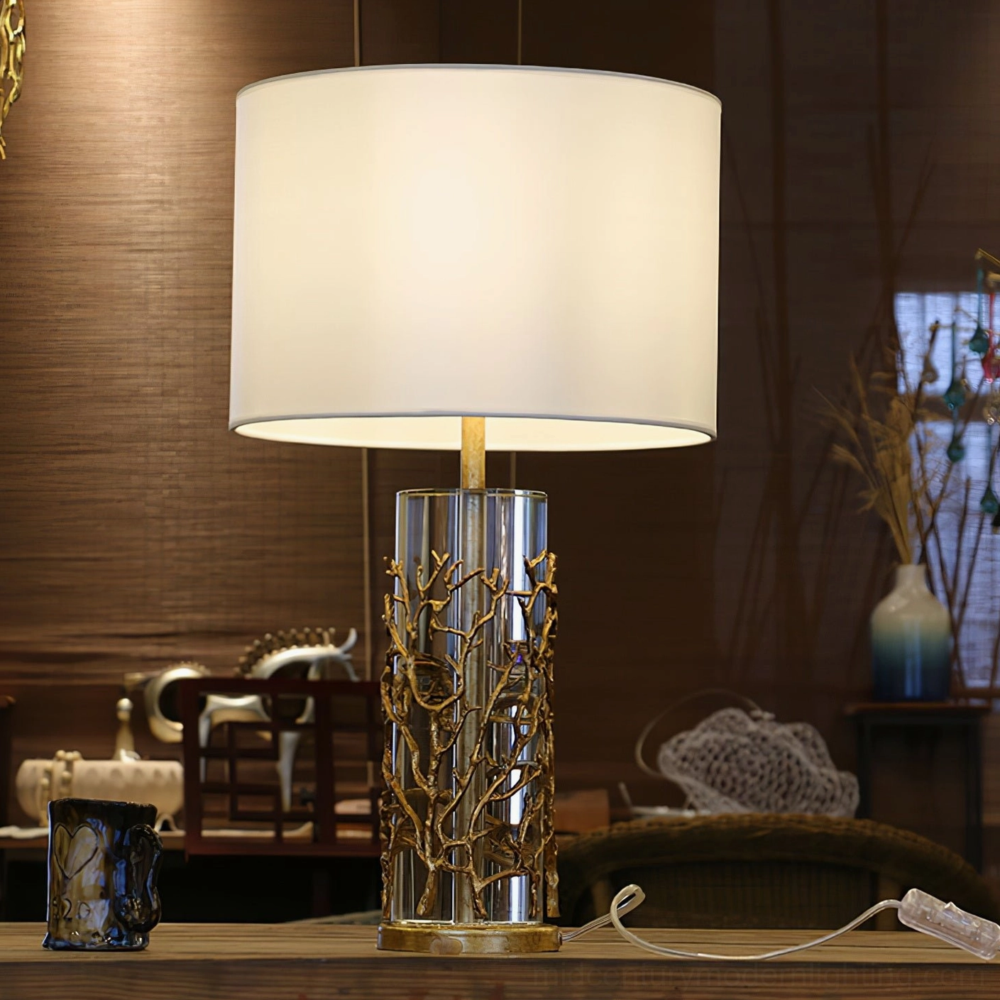 Quatrefoil table lamp with cream shade and clear glass quatrefoil carved base vintage style