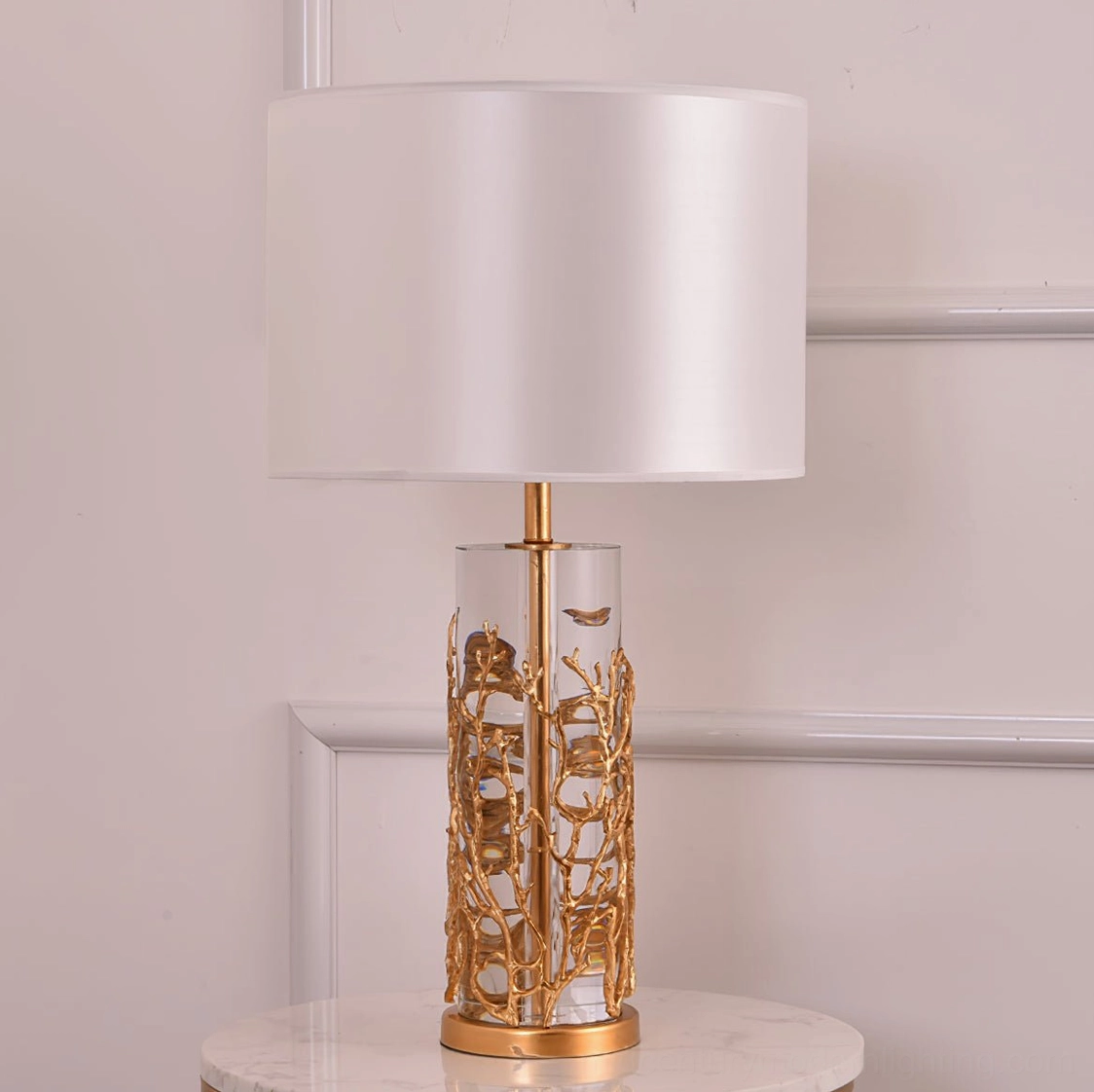 Quatrefoil table lamp satin white shade brass carved crystal base minimalist luxury design