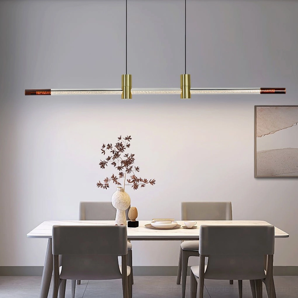 RA Linear Pendant light close-up showing amber textured end caps and brass details