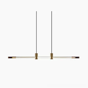RA Linear Pendant Chandelier front studio view, modern brass and clear glass minimalist design