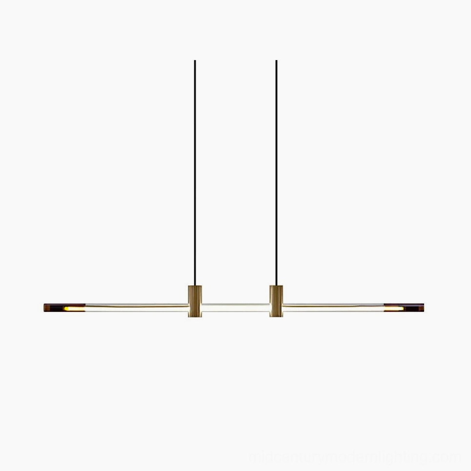 RA Linear Pendant Chandelier front studio view, modern brass and clear glass minimalist design