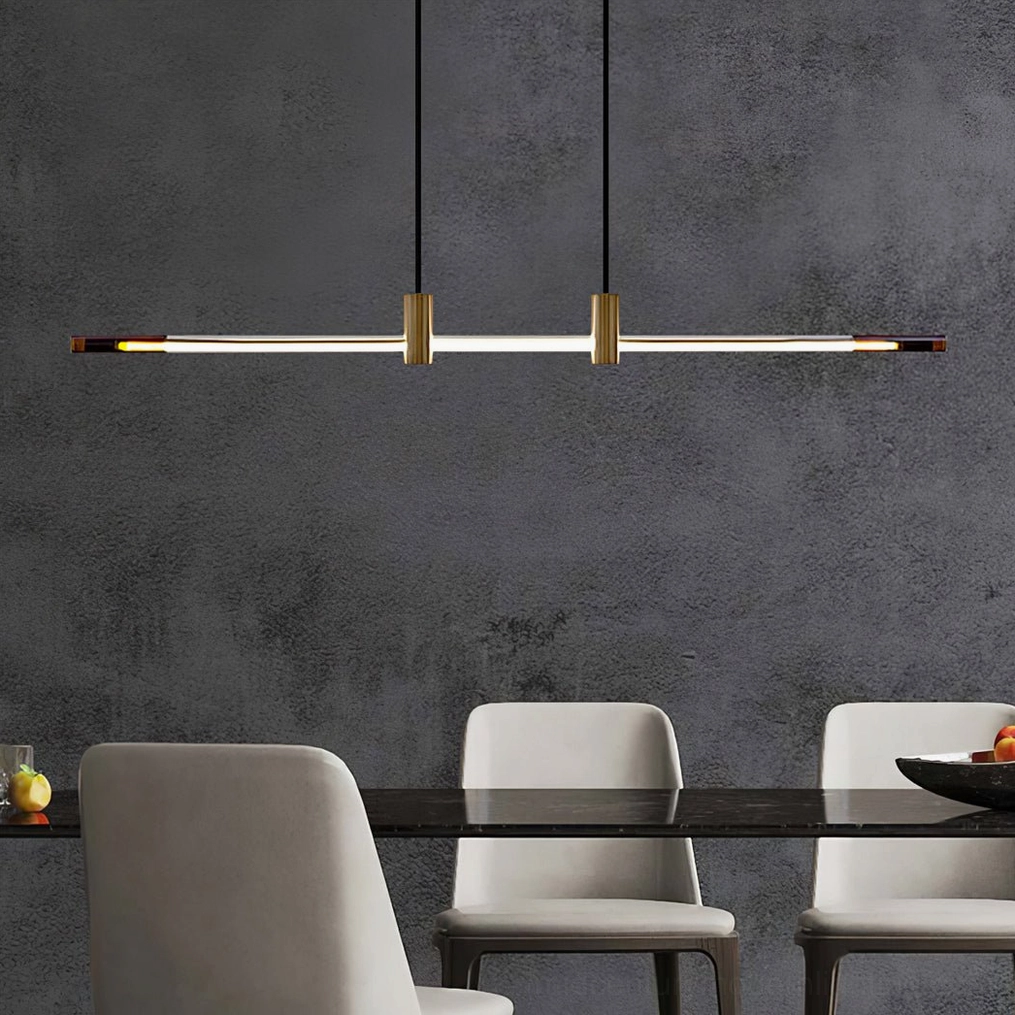 RA Linear Pendant Chandelier in modern dining space with dark grey accent wall