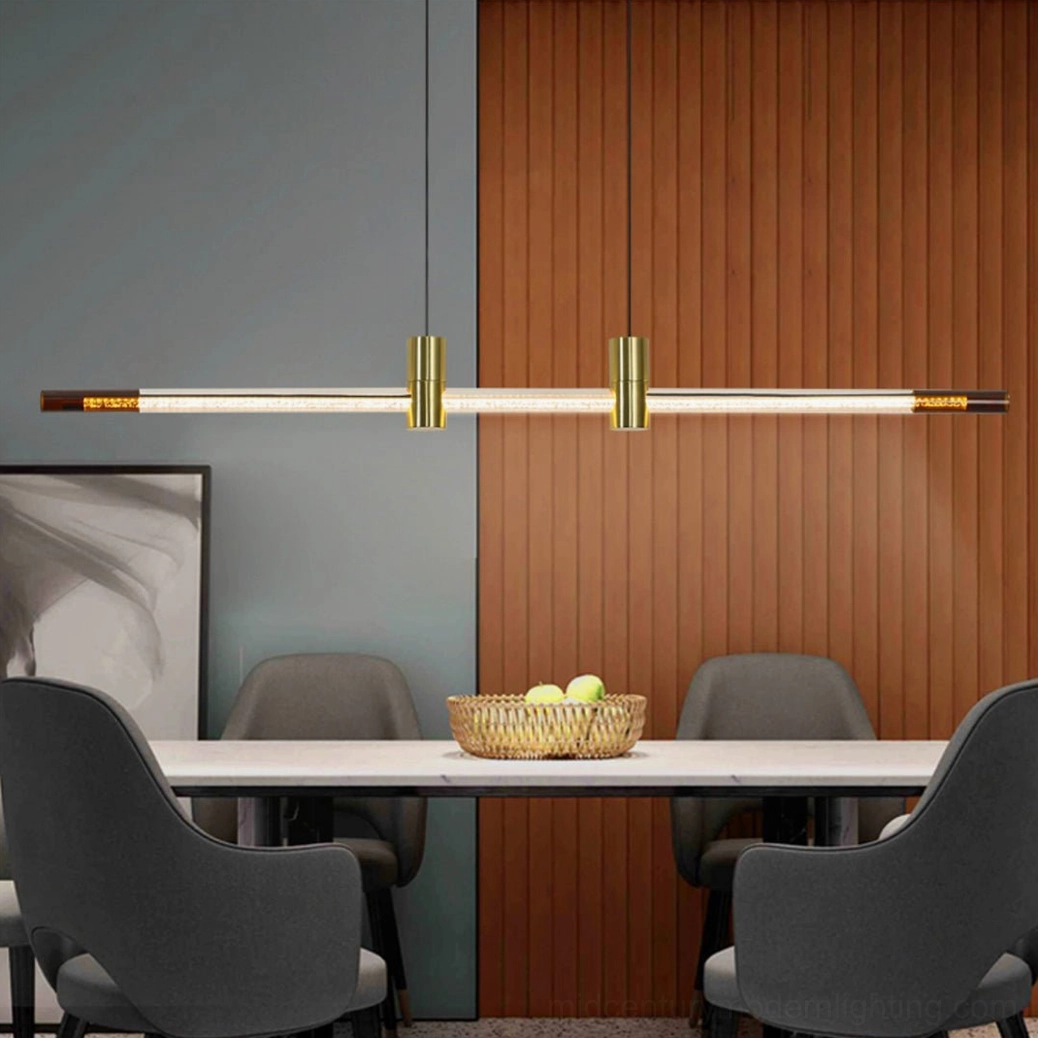 RA Linear Pendant light in warm dining room with wood panel wall, contemporary minimalist