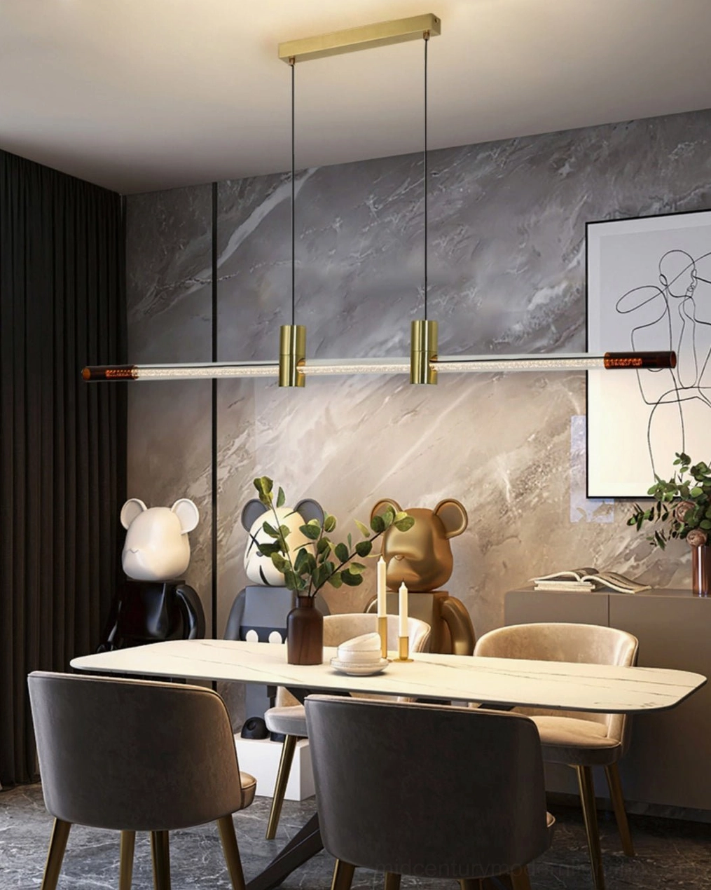 RA Linear Pendant light fixture design, contemporary brass and glass pendant chandelier