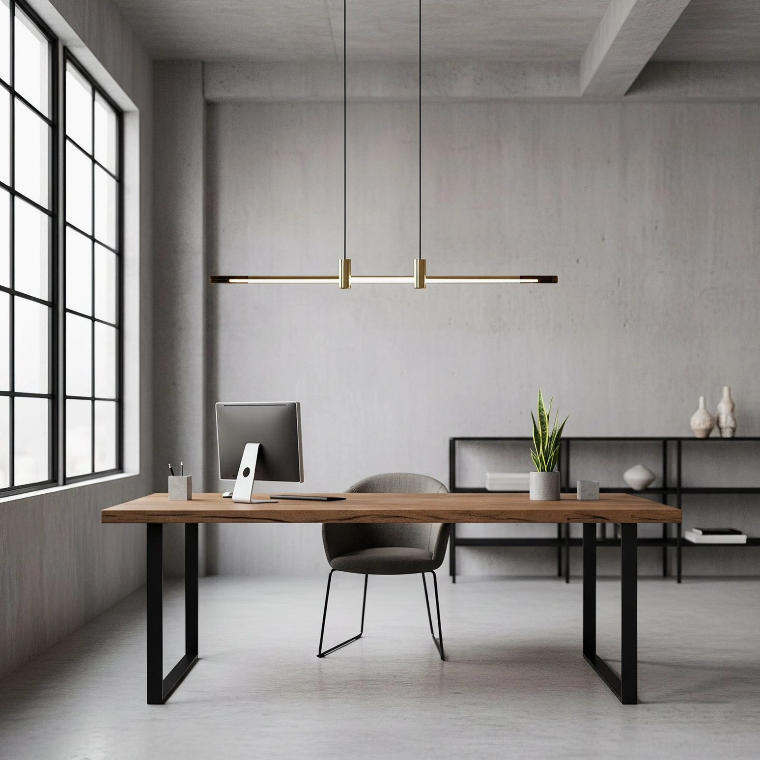 RA Linear Pendant Chandelier full view, modern brass and clear glass suspension light