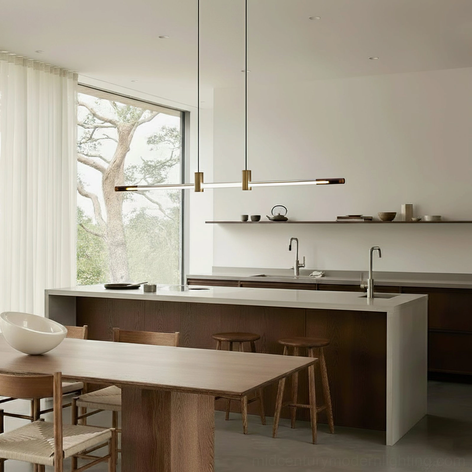 RA Linear Pendant Chandelier in sleek minimalist kitchen with large windows, interior styling