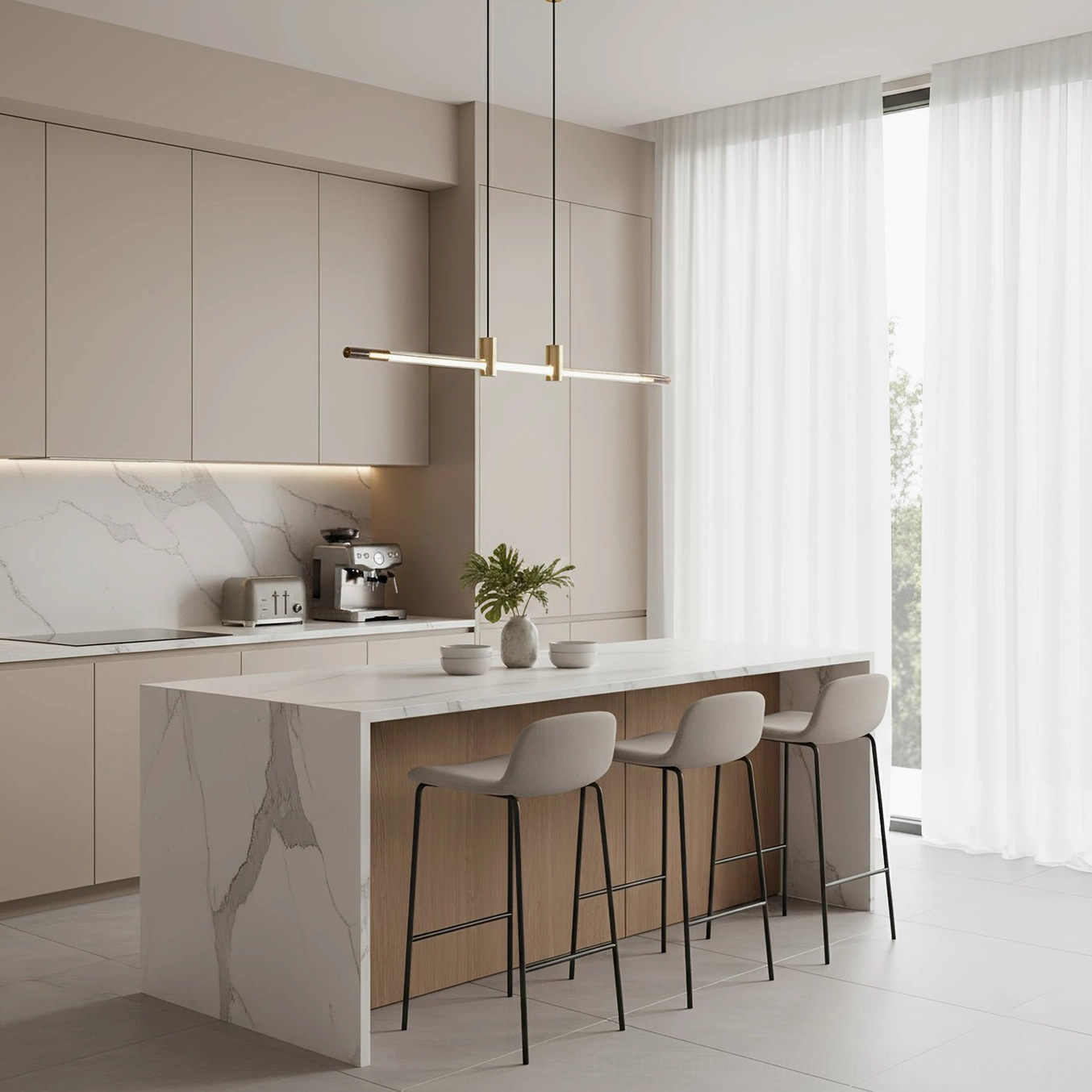 RA Linear Pendant Chandelier in contemporary bright kitchen dining area, three-quarter view