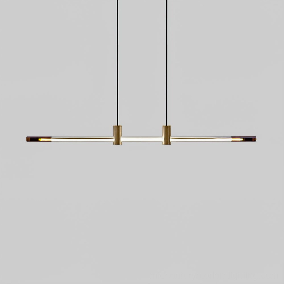 RA Linear Pendant Chandelier warm light amber and copper, minimalist modern lighting