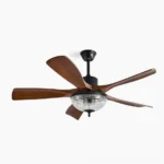 Radar industrial ceiling fan light with wood grain blades against white background, front overhead view showing mid-century modern design