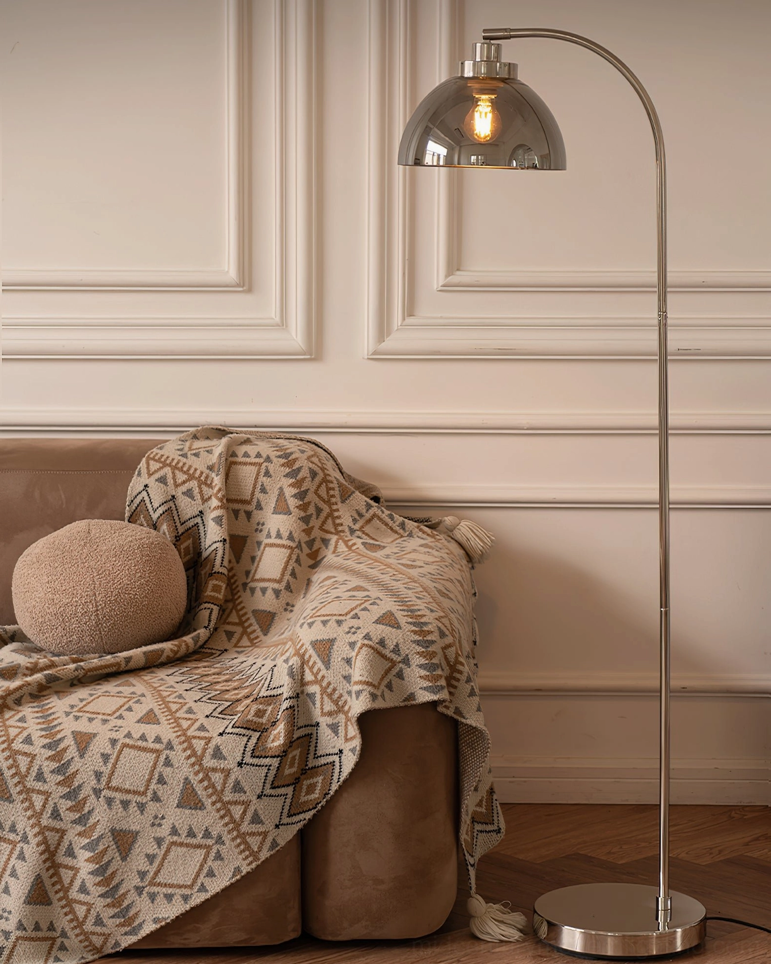 Radcliff sculptural arc floor lamp in contemporary interior design showcase