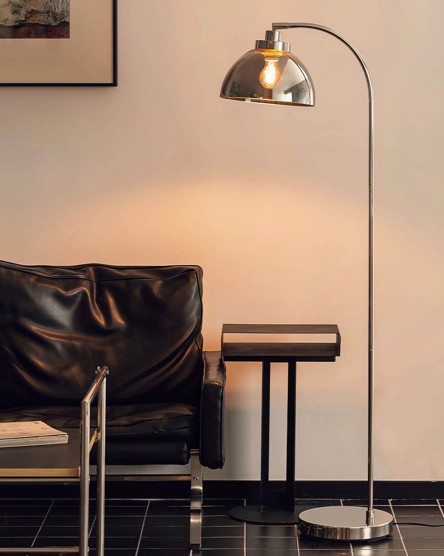 Radcliff mid-century modern arc floor lamp full product view with sculptural arched design