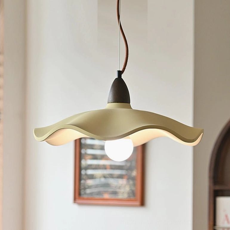 Radha large wave pendant light 15.7 inch diameter with walnut wood accent and light beige cement shade