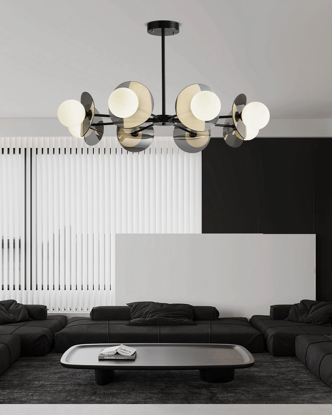 Symmetrical radial sputnik chandelier overhead view in minimalist living room with sectional sofa and mixed metallic disc accents