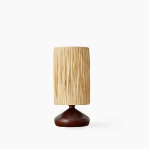 Organic modernism raffia table lamp with walnut wood base, full front view on white background, studio lighting