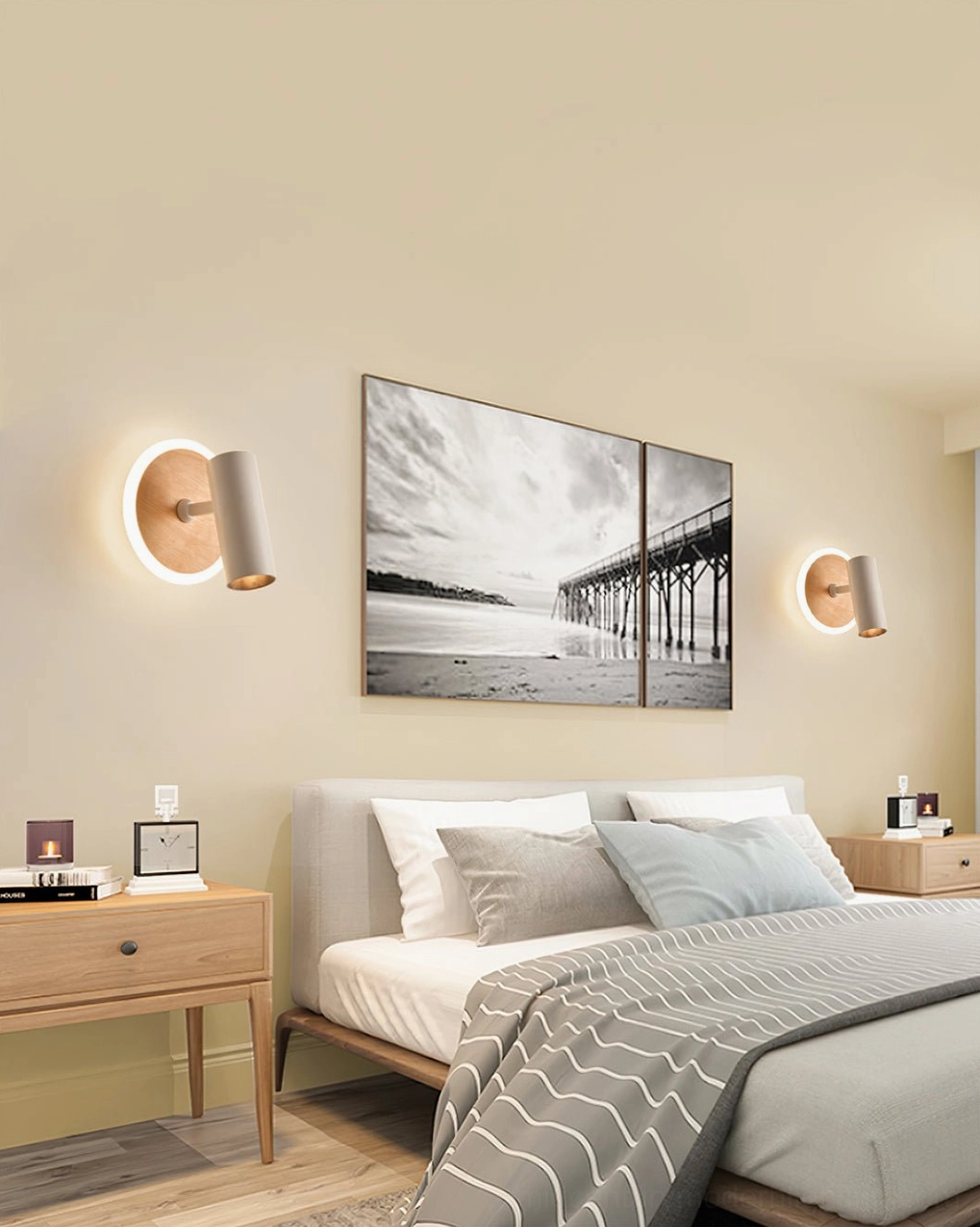 Ramen Dual Wall Lamps bedroom installation - Pair of modern LED sconces flanking bed in minimalist master bedroom
