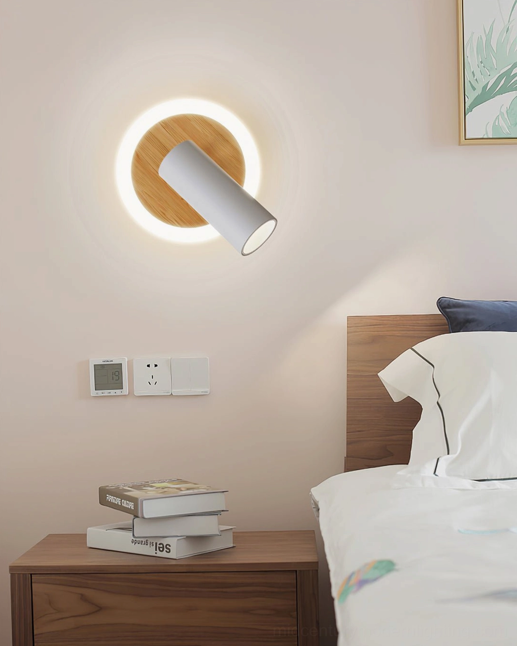 Ramen LED Wall Sconce bedside reading lamp - Mounted beside wooden nightstand in modern minimalist bedroom interior