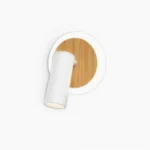 Ramen Modern LED Wall Sconce - Minimalist white metal and wood circular wall lamp with adjustable head, front studio view